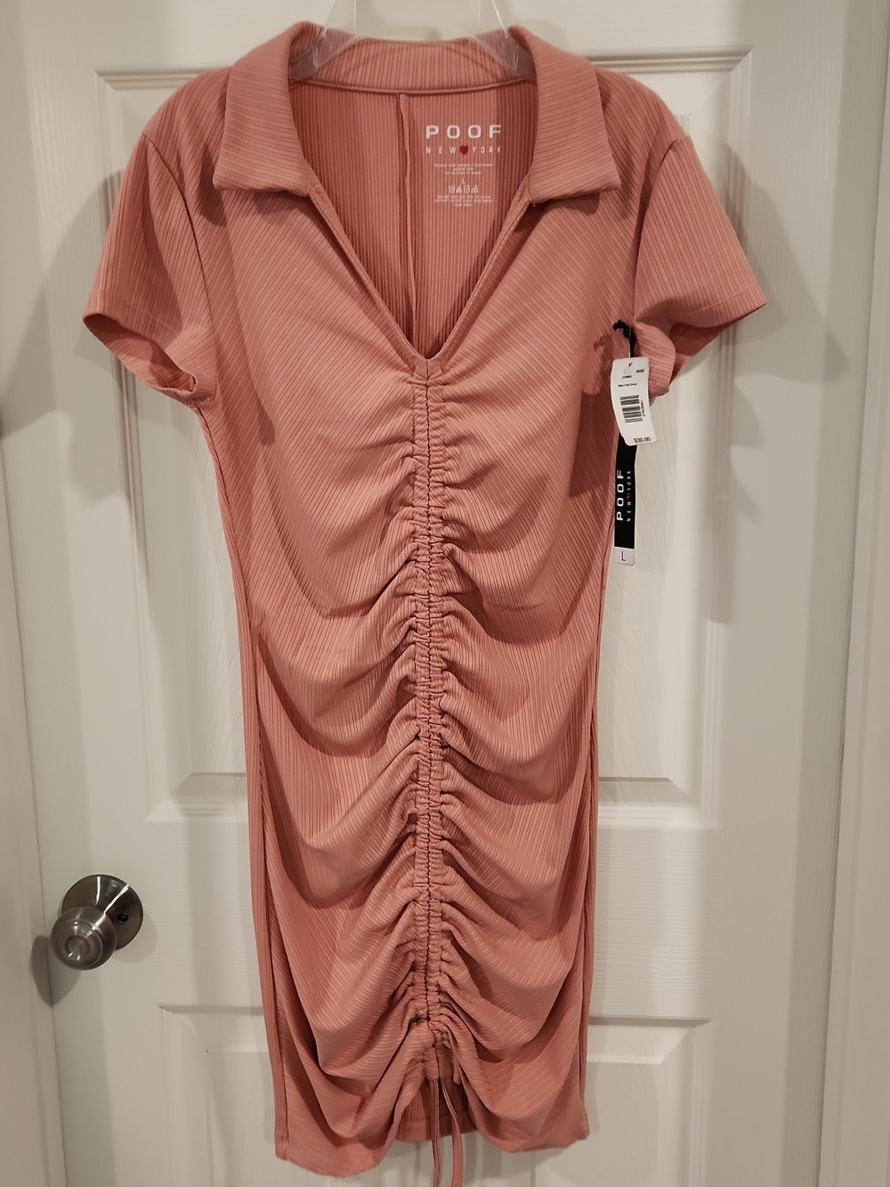 NWT Poof New York Pink Ribbed Ruched Polo Mini Bodycon Dress Womens Size L